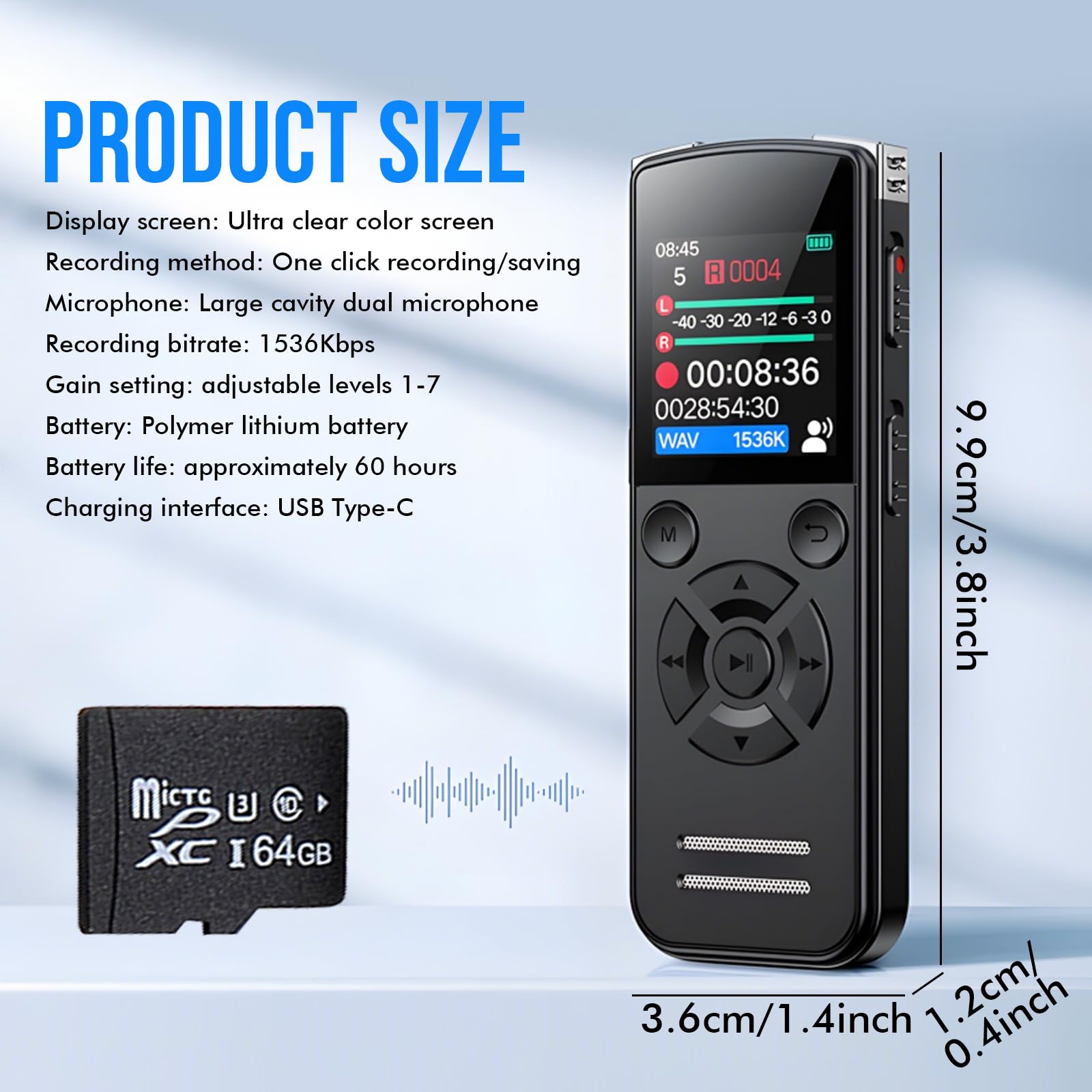 Diktiergerät, 64 Gb Digital Voice Recorder, Diktiergerät Digital Mit Mikrofon, 1536kbps One-Touch Recording, Diktiergerät Aufnahmegerä Mit Playback Für Arbeit, Studie, Meetings, Interviews