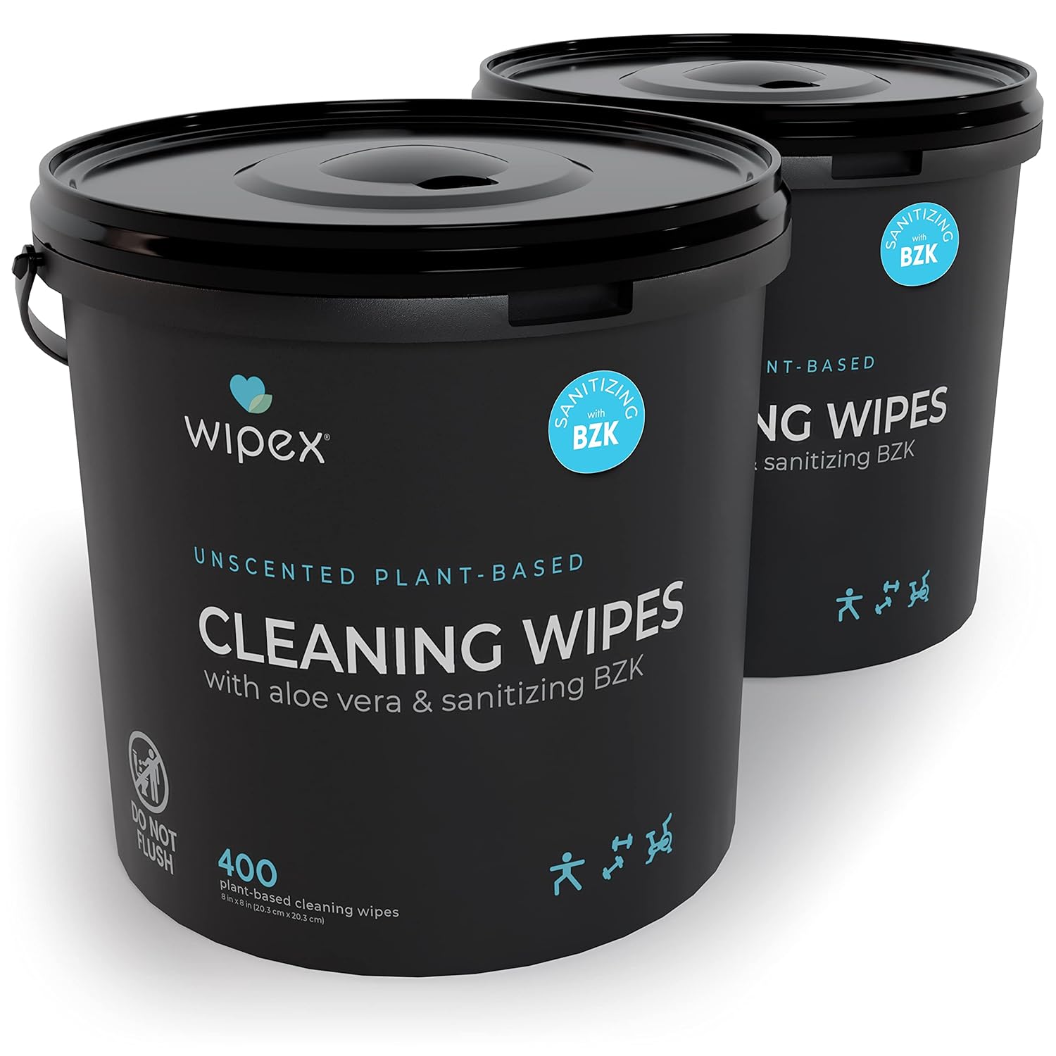 Wipex Fitness Wipes - 400ct Dispensing Bucket with Sanitizing BZK for Hands 2 Pack Bulk Supply Great for