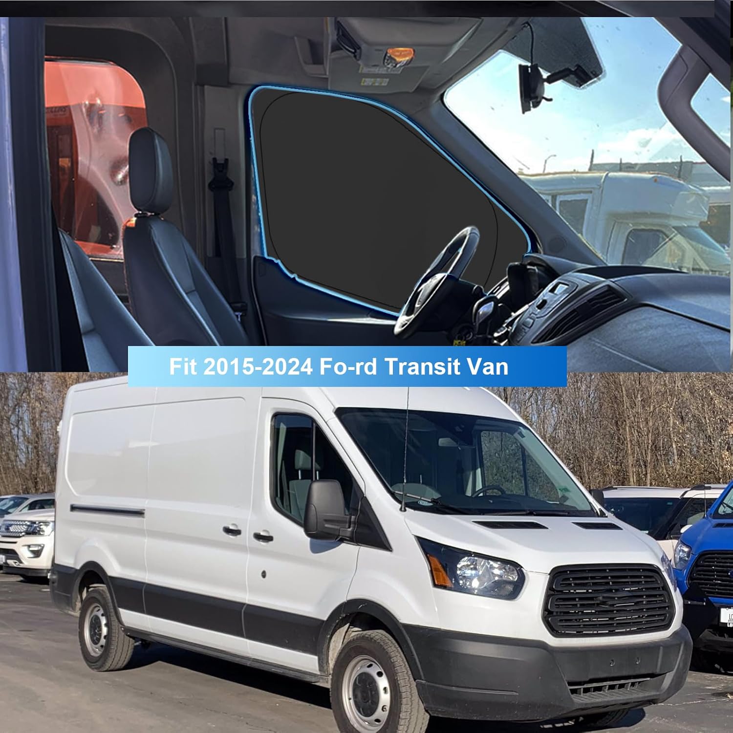 Front Side Window Sun Shade with Suction Cups for 2015-2024 Fo-rd Transit Van High and Medium Roof, Foldable Window Sunshade Sun Visor Protector, Side Shades Blocks UV Ray Heat, Pack of 2