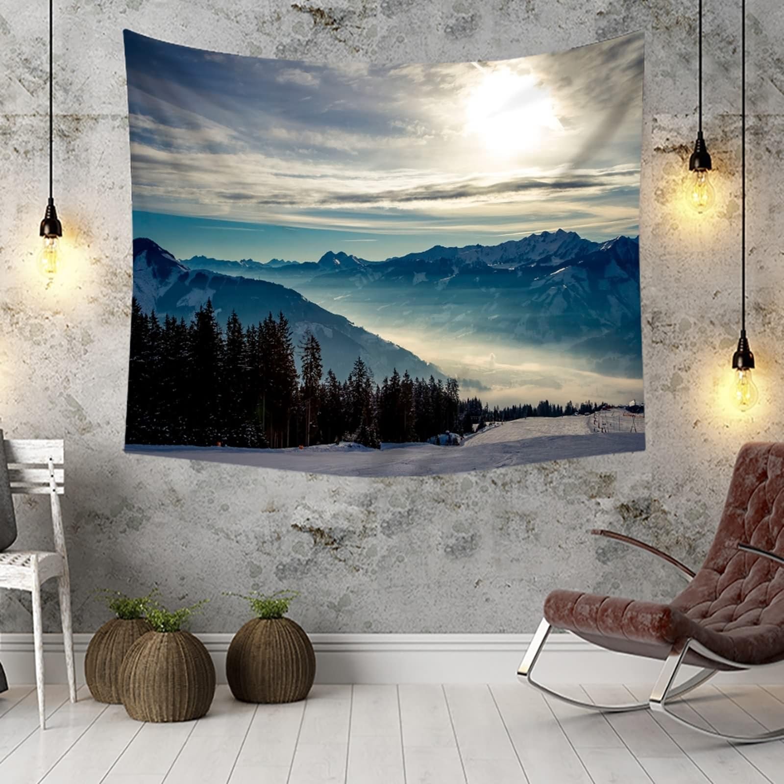 Dekoracja pokoju 3D szare dekoracje do sypialni śnieżna górska sceneria XXL mikrofibra szer. 137 cm x wys. 100 cm (350 x 256 cm)