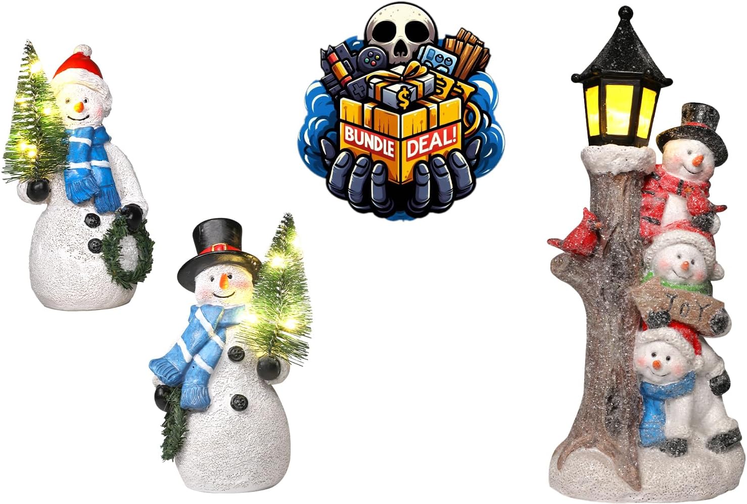 Christmas Decorations Indoor Snowman Figurines and Joy Snomen Lamppost Bundle
