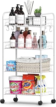 Mythinglogic 4 Tier Rolling Cart with 360 Wheels, Snack Cart, Removable Wire Baskets, Metal Utility Storage Rack for Kitchen, Bathroom, Laundry Room, Office