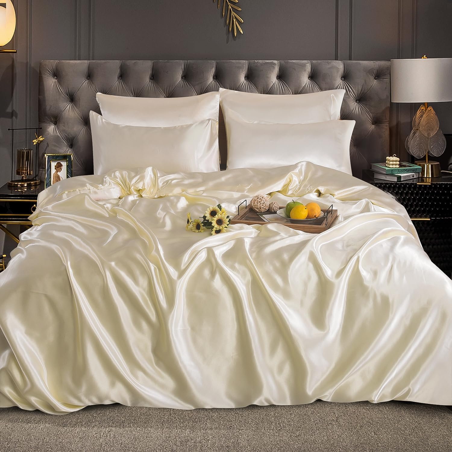 6-Piece Luxury Satin Duvet Cover Bedding Set Plain - Ultra Luxury Soft, Silky Bed Set Include (1xDuvet Cover, 1xFitted Sheet, 4xHousewife Pillow Case) (Super King, Cream)-(Same Day Dispatch)