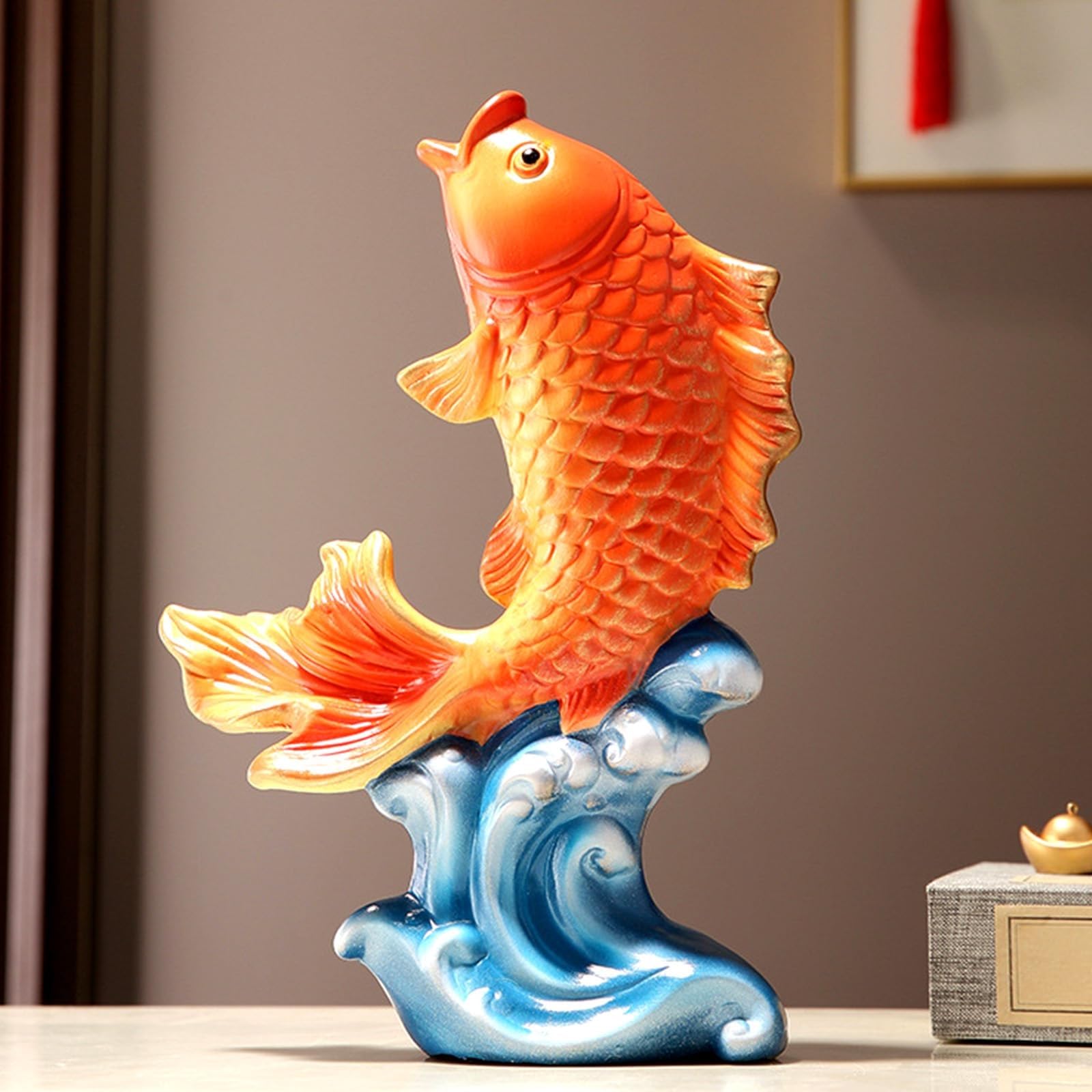 Amazon.co.jp: 磁器製赤い魚の波の置物鯉の像テーブル彫刻、セラミック 