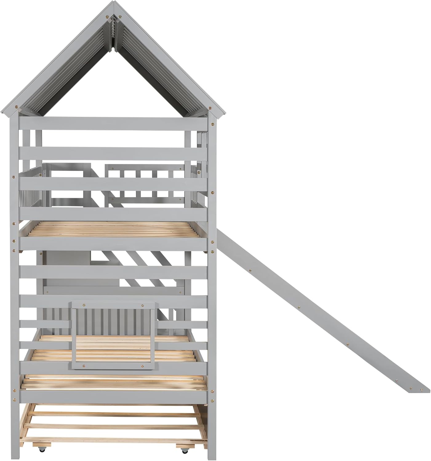 Favfurish Twin Over Double House Bunk Bed,Storage Staircase, with Trundle and Slide,Upper Bunk Full Length Guardrail,Roof and Window Design,Suitable for Boys Girls Bedroom,Gray