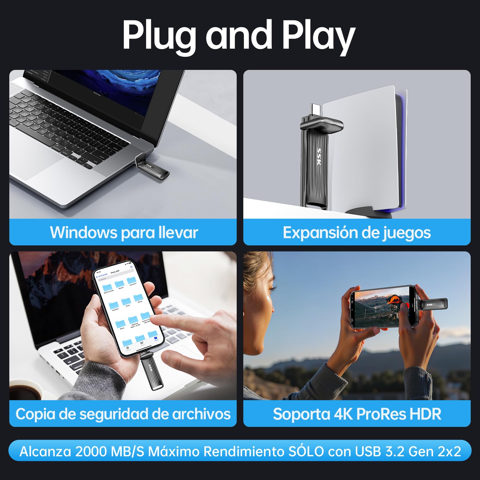 SSK 1TB SSD USB C Pendrive, Máxima Velocidad 2000MB/s Solo para USB3.2 Gen2x2, Disco Duro Externo SSD Portátil Compatible con Android Phone Mac Laptop, Soporte para iPhone 15/16 4K ProRes