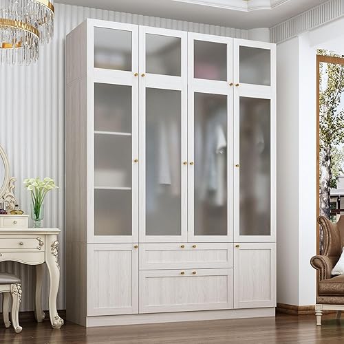 MOUMON Large Wardrobe Closet with 4 Glass Doors and 2 Drawers, Armoire Wardrobe Closet with Hanging Rod, Top Cube Storage, for Bedroom Wood Grain (63”W x 19.7”D x 86.6”H)