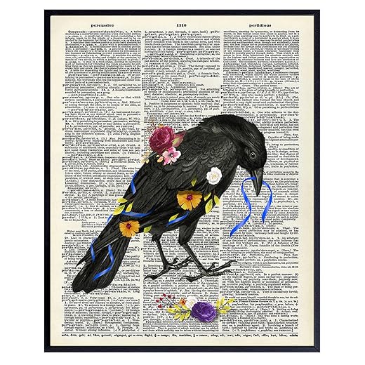 Floral Black Raven Wall Art - Gothic Crow Home Decor - Gift for Edgar Allan Poe, Goth Fans, Women - Cool Medieval Decor Picture Print for Bedroom, Living Room