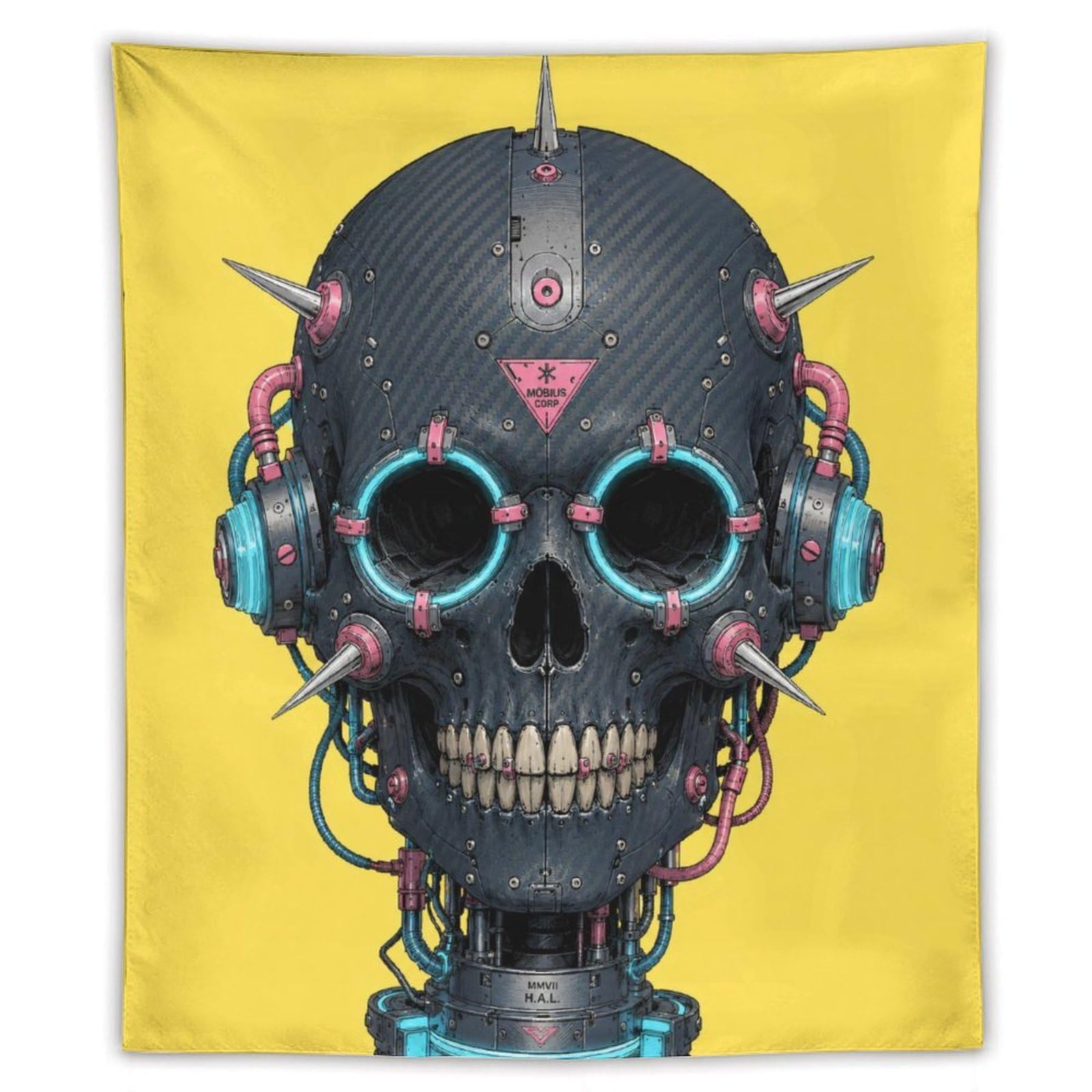 W7C8U2X3 Cyber Skull with Neon Goggles Wall Tapestry, Gothic Oil, Sofa Area