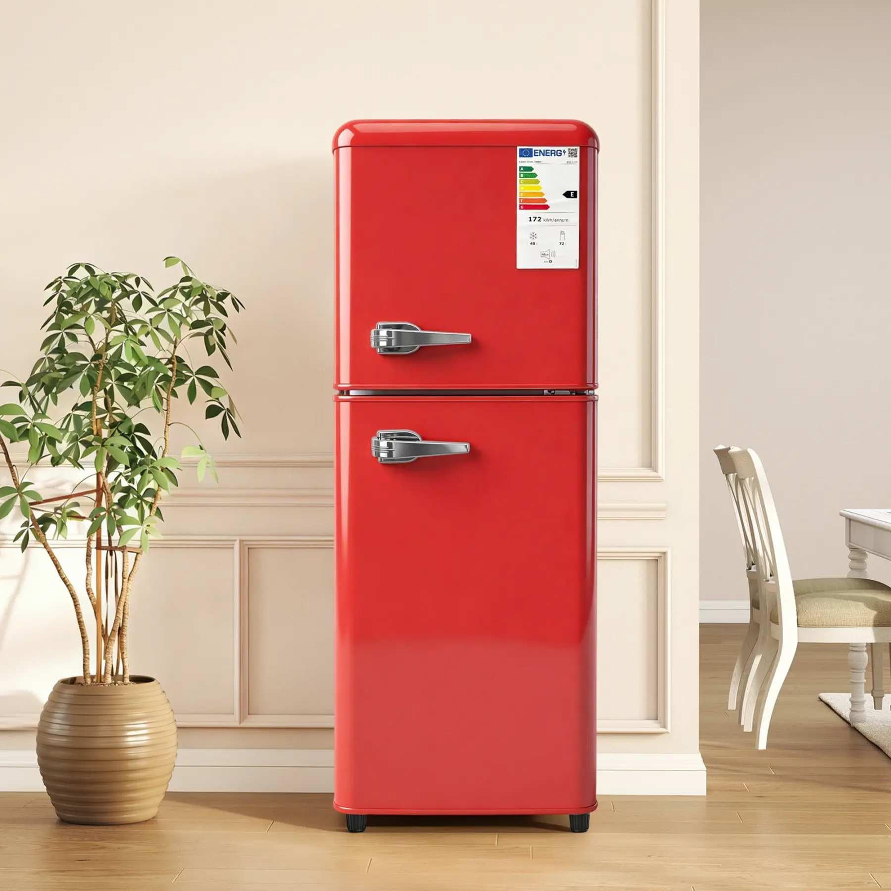 YEHTOKHOME - Refrigerador de 2 puertas, nevera pequeña, 7 niveles de ajuste de temperatura, iluminación LED, estantes ajustables, clase energética E, para cocina, salón y oficina (rojo, 112 L)
