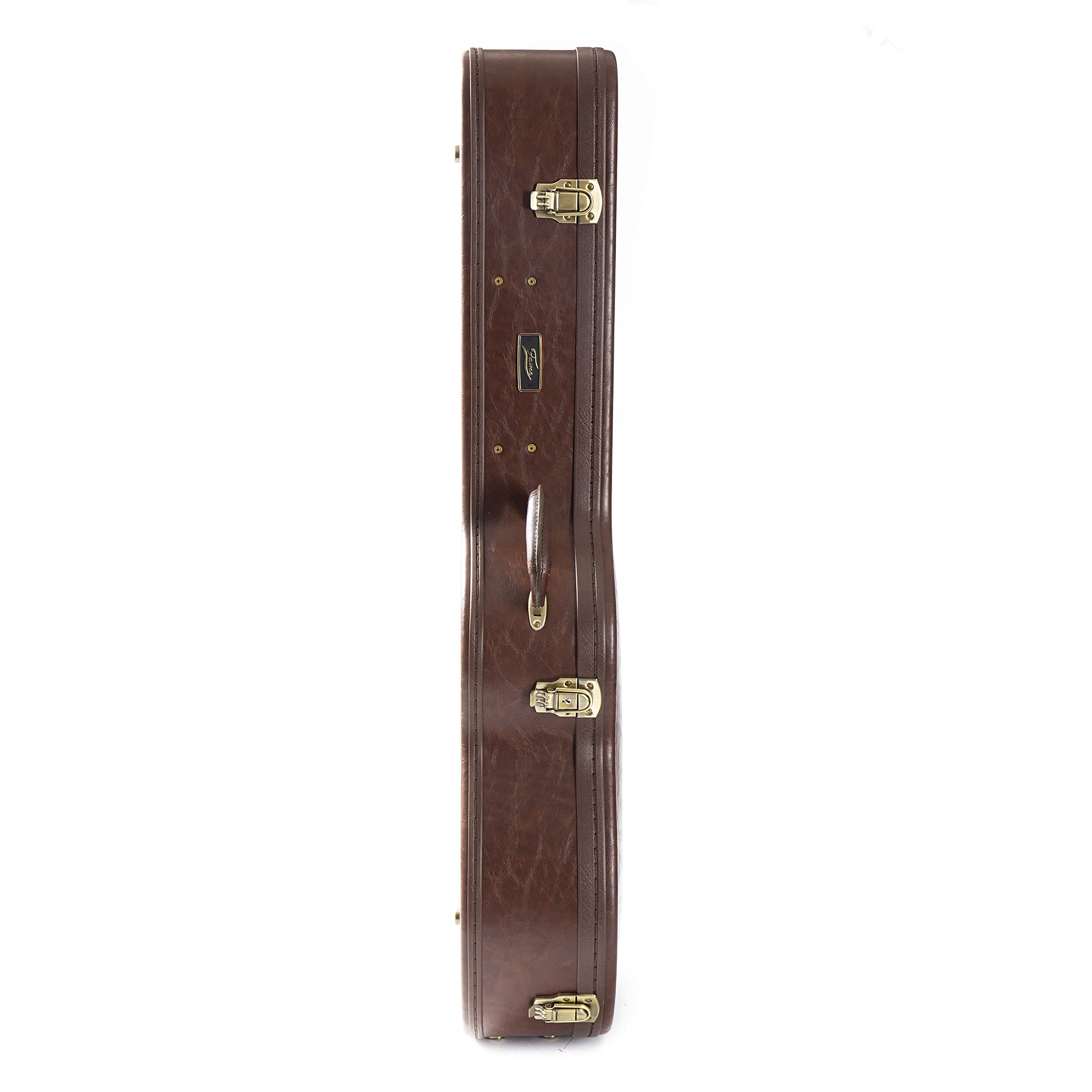 Fame Dreadnought Case für Westerngitarren, Robuster Schutzkoffer, Metallschnallen, Abschließbar, Zubehörfach, Wetterfest, Braune Leder-Optik, Weinrotes Plüsch-Innenfutter, GIT0044842-000