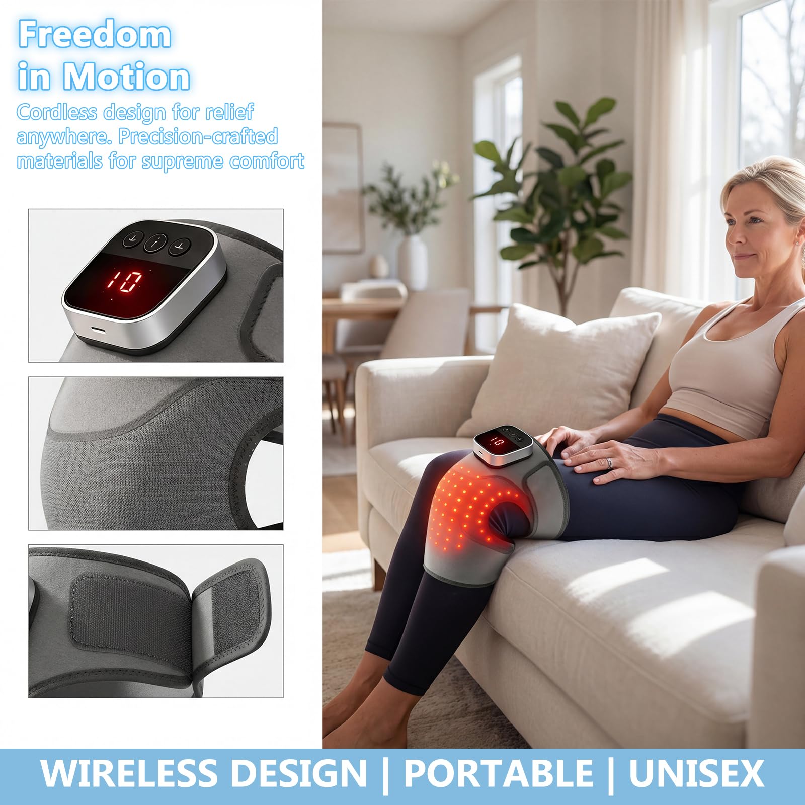 Rotlichttherapie-Massage-Kniebandage, 660 nm und 850 nm, Rotlichttherapie, beheiztes Gerät, temperaturverstellbare Vibration für Knie, Gelenk, Ellenbogen, Schulter