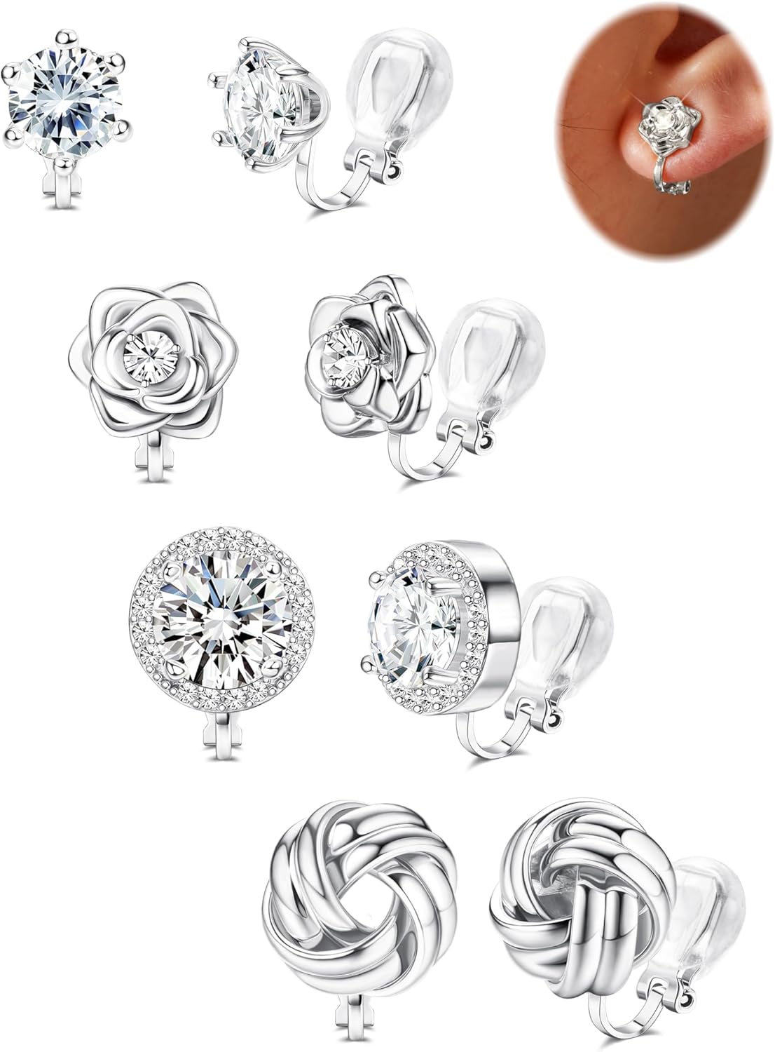 Oorclips voor dames, zirkonia, bloem, twist knoop, set oorbellen met