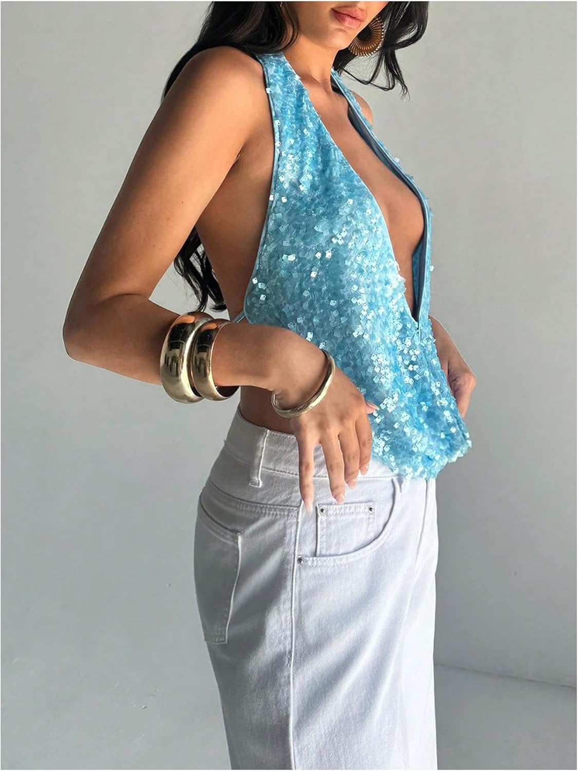 MakeMeChic Women's Sequin Open Back Halter Tops Sparkly Deep V Neck Draped Party Tank - Image 2