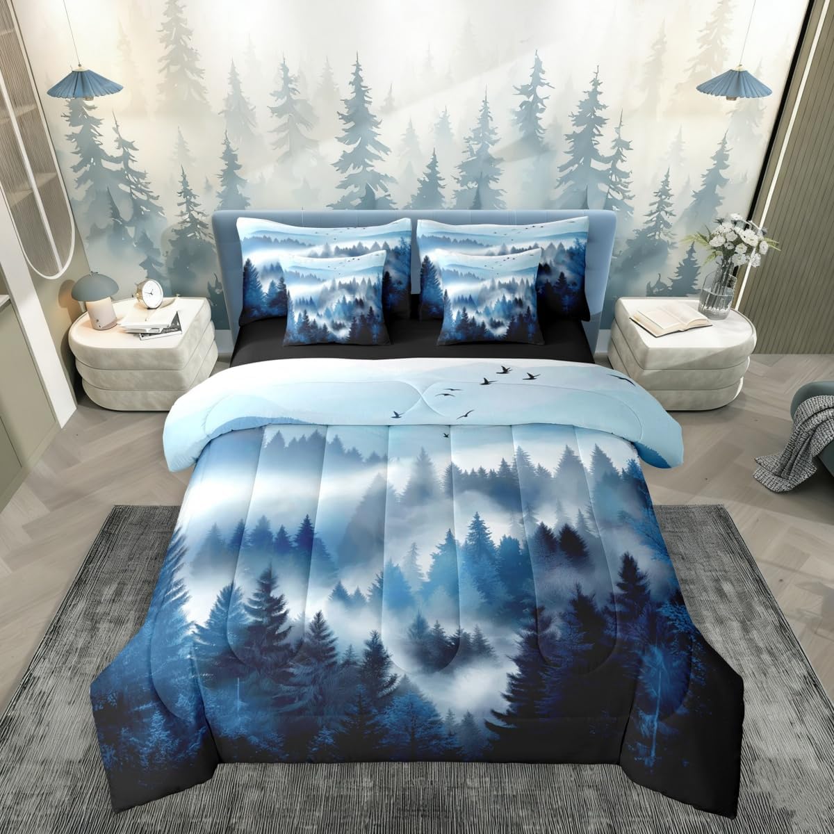 Erosebridal Mystric Mountain 7 Pcs Bedding Set Queen,Blue Black Trees Bed in a Bag,Watercolor Scenery Bed Set Includes Comforter,Sheet Set,Pillowcases & Pillow Covers,Natural Landscape Bedroom Decor