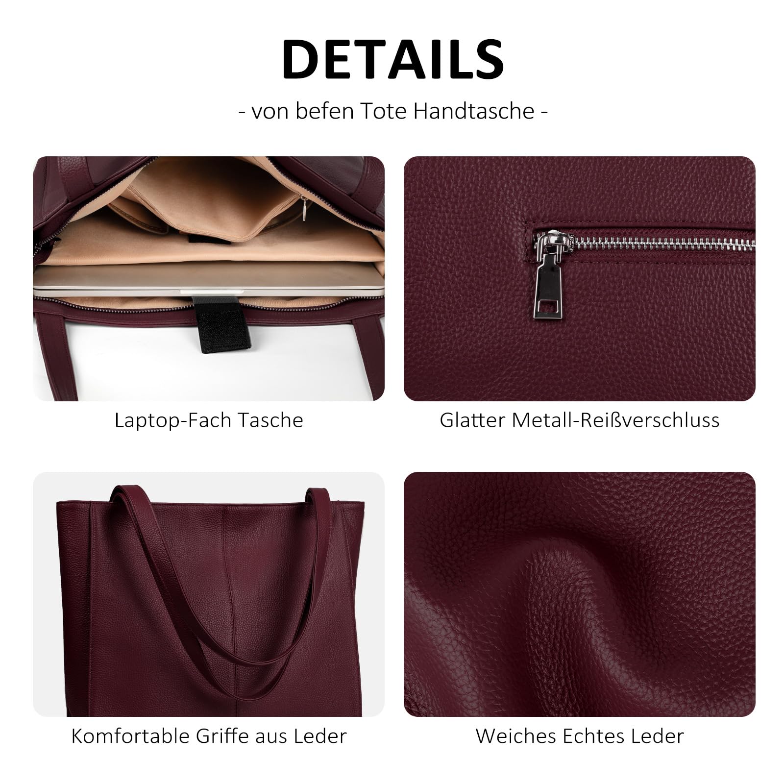 befen Echtleder Handtasche Damen Groß Shopper Tasche mit Laptopfach – Bild 5