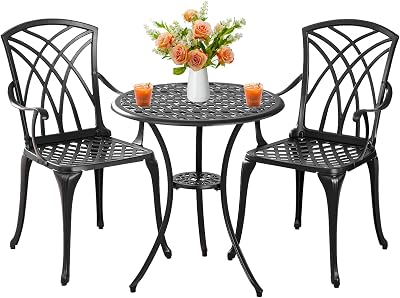 Outdoor Bistro Set 3 Piece Patio Bistro Set, Cast Aluminum Bistro Table and Chairs Set of 2, Small Patio Table Set for Porch (Black Type 3, No Grey Cushions)
