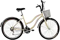 Bicicleta Feminina 26 Beach Retrô Bege de 18 Velocidades com Aros duplos, Pneus Slik, Paralamas e Cesta Marrom - Dalannio Bike