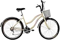 Bicicleta Feminina 26 Beach Retrô Bege de 18 Velocidades com Aros duplos, Pneus Slik, Paralamas e Cesta Marrom - Dalannio Bike