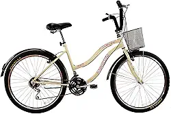 Bicicleta Feminina 26 Beach Retrô Bege de 18 Velocidades com Aros duplos, Pneus Slik, Paralamas e Cesta Marrom - Dalannio Bike