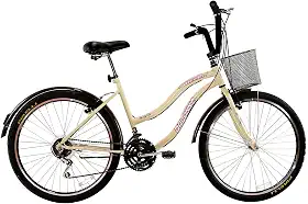 Bicicleta Feminina 26 Beach Retrô Bege de 18 Velocidades com Aros duplos, Pneus Slik, Paralamas e Cesta Marrom - Dalannio Bike