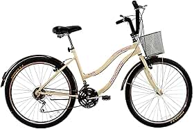 Bicicleta Feminina 26 Beach Retrô Bege de 18 Velocidades com Aros duplos, Pneus Slik, Paralamas e Cesta Marrom - Dalannio Bike