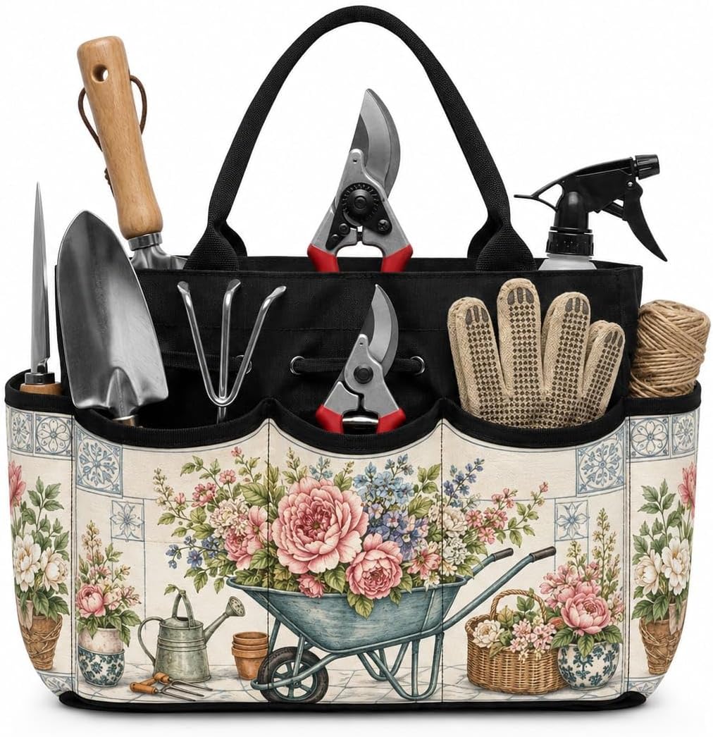 Floral Wheelbarrow Tile Garden Tool Bag Organizer for Yard in Vintage Style