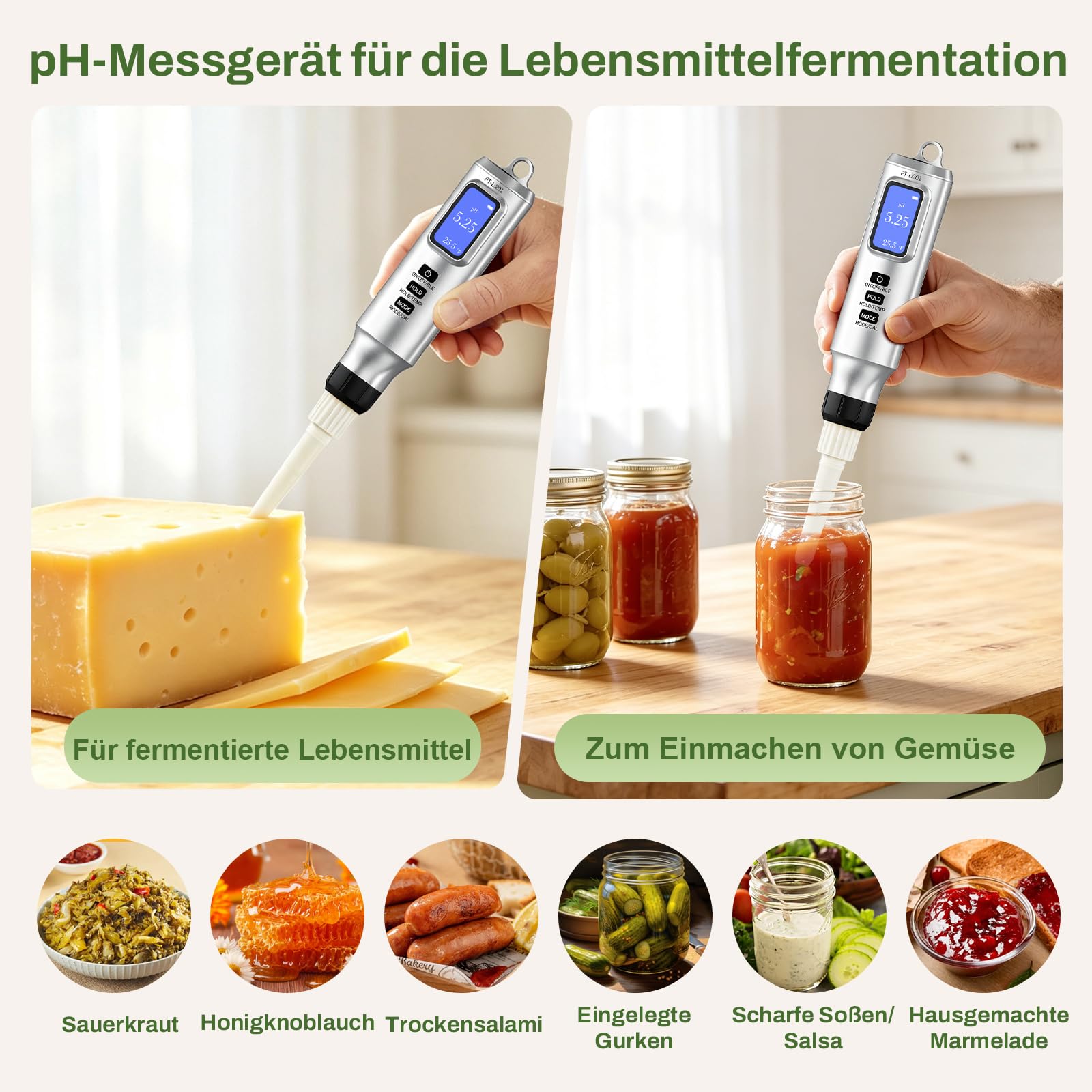 Intelligentes pH Messgerät mit App, Digitales pH Tester für Lebensmittel und Wasser mit Kalibrierpulver, pH Meter mit ATC für Sauerteig, Käse, Brot, Fleisch und fermentierte Getränke & Lebensmittel
