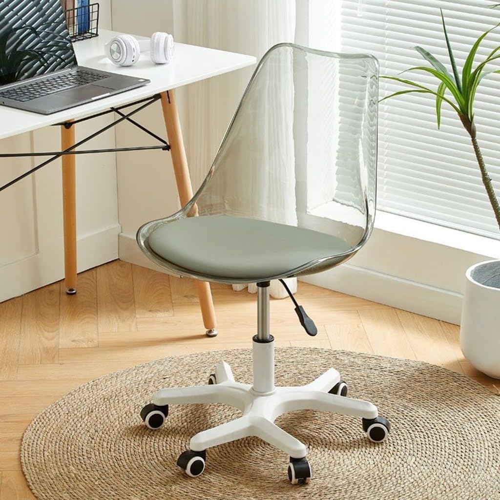 Transparent Rolling Chair, Adjustable Home Office Swivel Clear, Plastic Clear Seat with Wheels, Acrylic Office Chair Drafting Chair (Color : White, Size : 56 * 73~83cm)