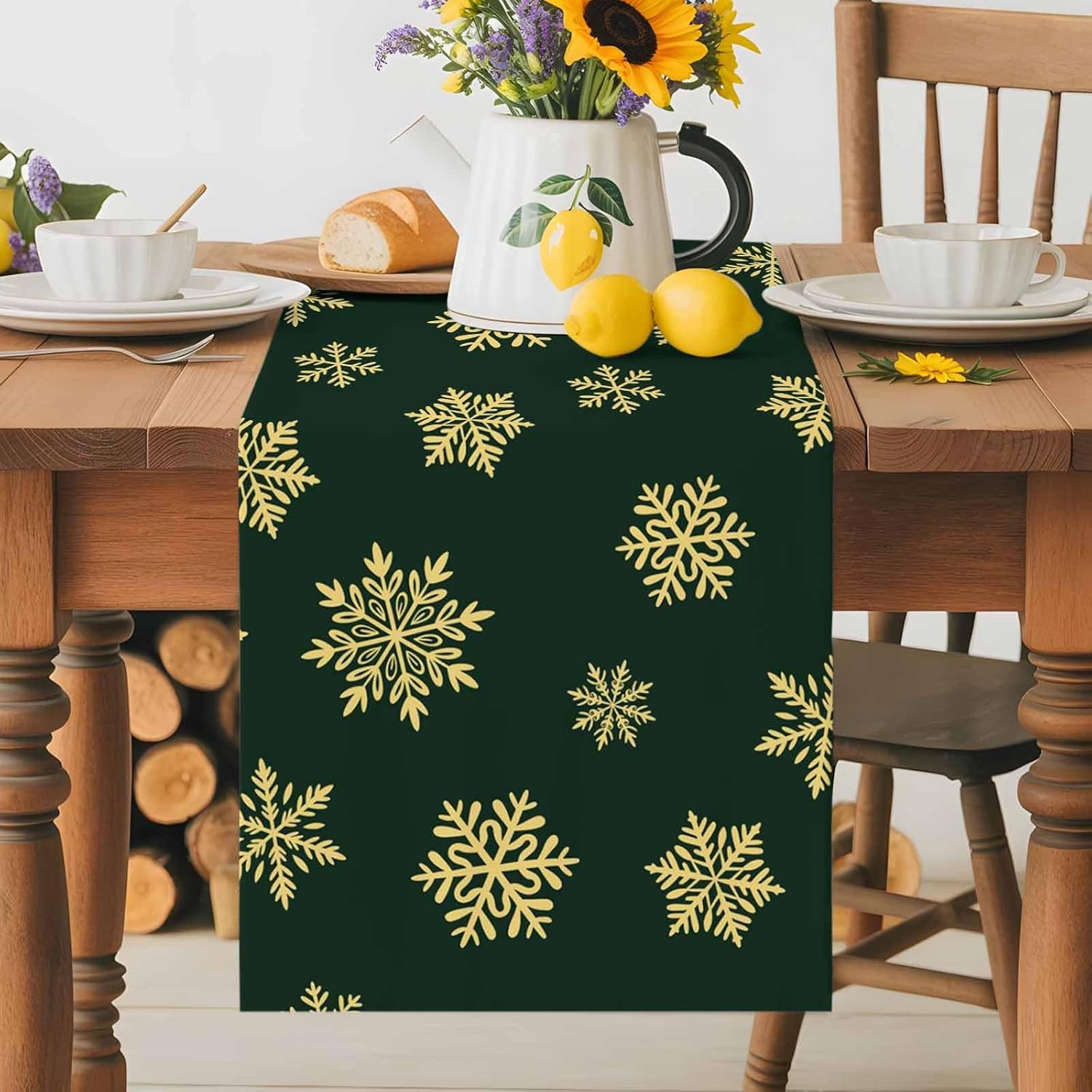 lop Table Runner Christmas Kitchen Table Runners 72 Inches Long Golden Snowflakes on Green Background Length Washable Cotton Linen Dress Scarf for Dining Room Wedding
