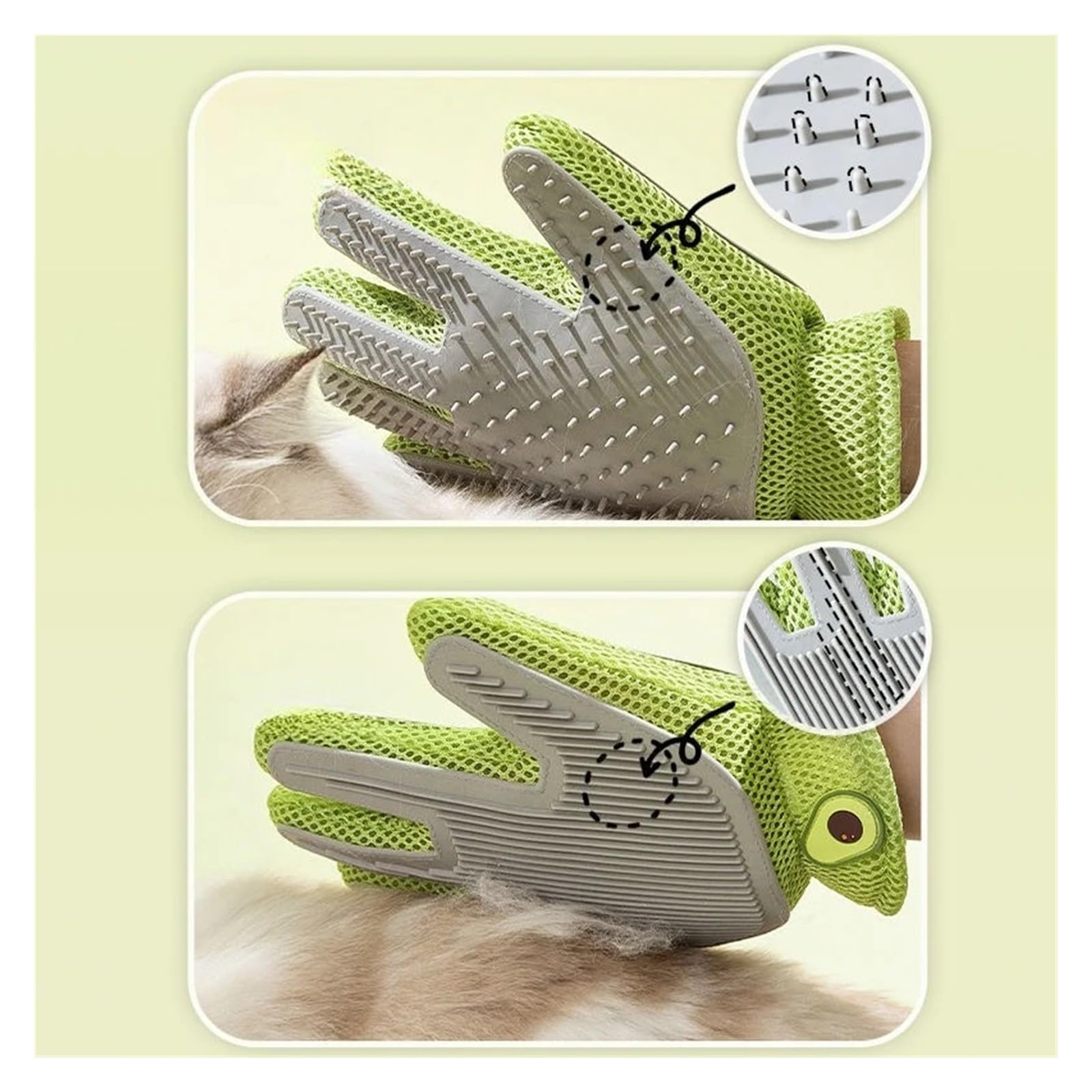 Generisch Fellpflegehandschuhe, Badekamm und Haarentfernungsbürste for Katzen und Hunde, sanftes Reinigungswerkzeug for langhaarige Haustiere(Avocado Right Hand)