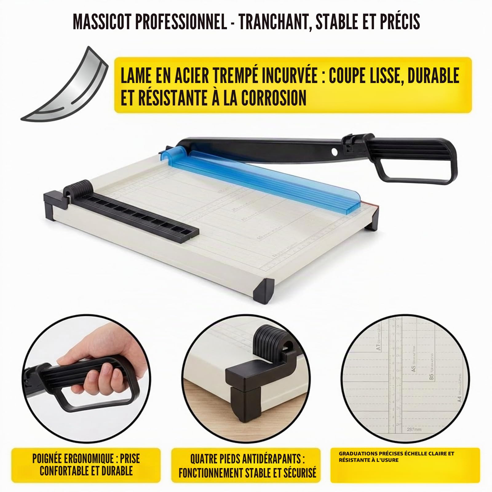 Coupe-papier Guillotine A4 - Massicot à papier robuste avec protection de sécurité, Capacité de 15 feuilles, Massicot de précision pour couper le papier, les cartes, les photos, le vinyle