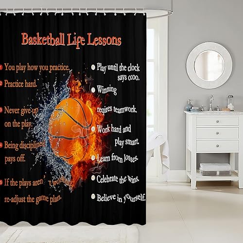 Miniatura 2 de Cortina de baño de baloncesto de agua y fuego para niños, juego de pelota europea, juego de cortina de ducha con letrero motivacional, regalo