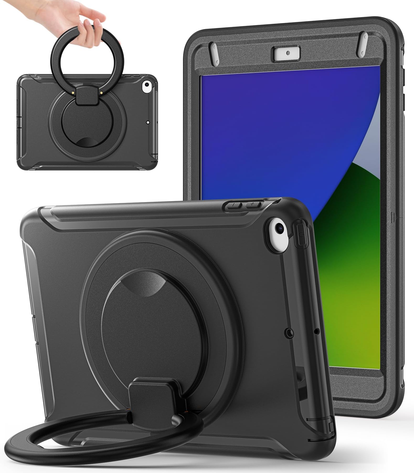 BATYUE Shockproof Case for iPad mini 4/5 (2015/2019) - 360° Multi-Angle Stand (Portrait & Landscape) & Grip, Pencil Holder (Elastic Loop), Multi-Scene for All Ages, Black