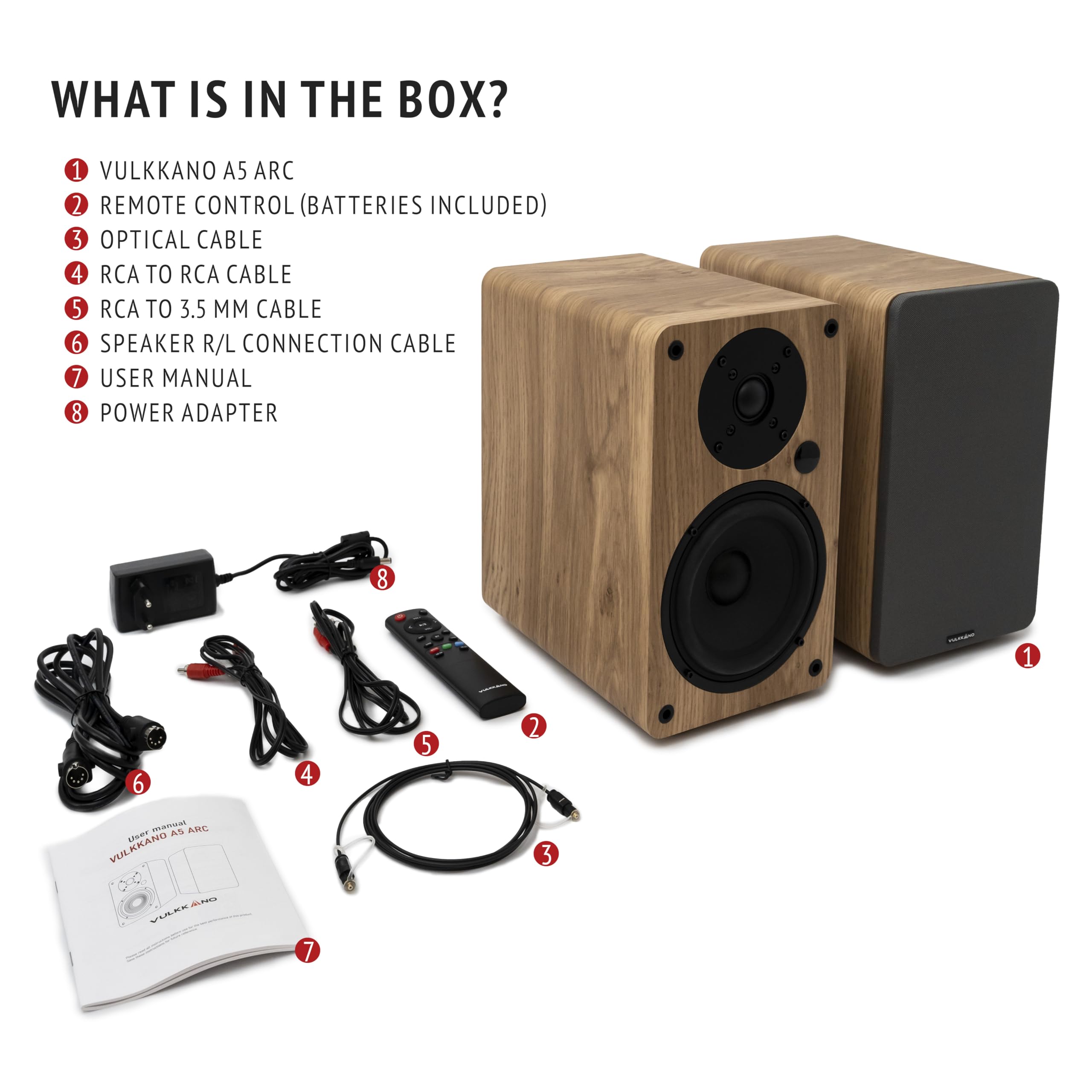VULKKANO A5 ARC Altavoces Autoamplificados con Woofer de 5.25", Bluetooth 5.0, HDMI ARC, Optica, RCA, USB, con Salida Subwoofer, Altavoces para la TV con Diseño Elegante, Color Marron