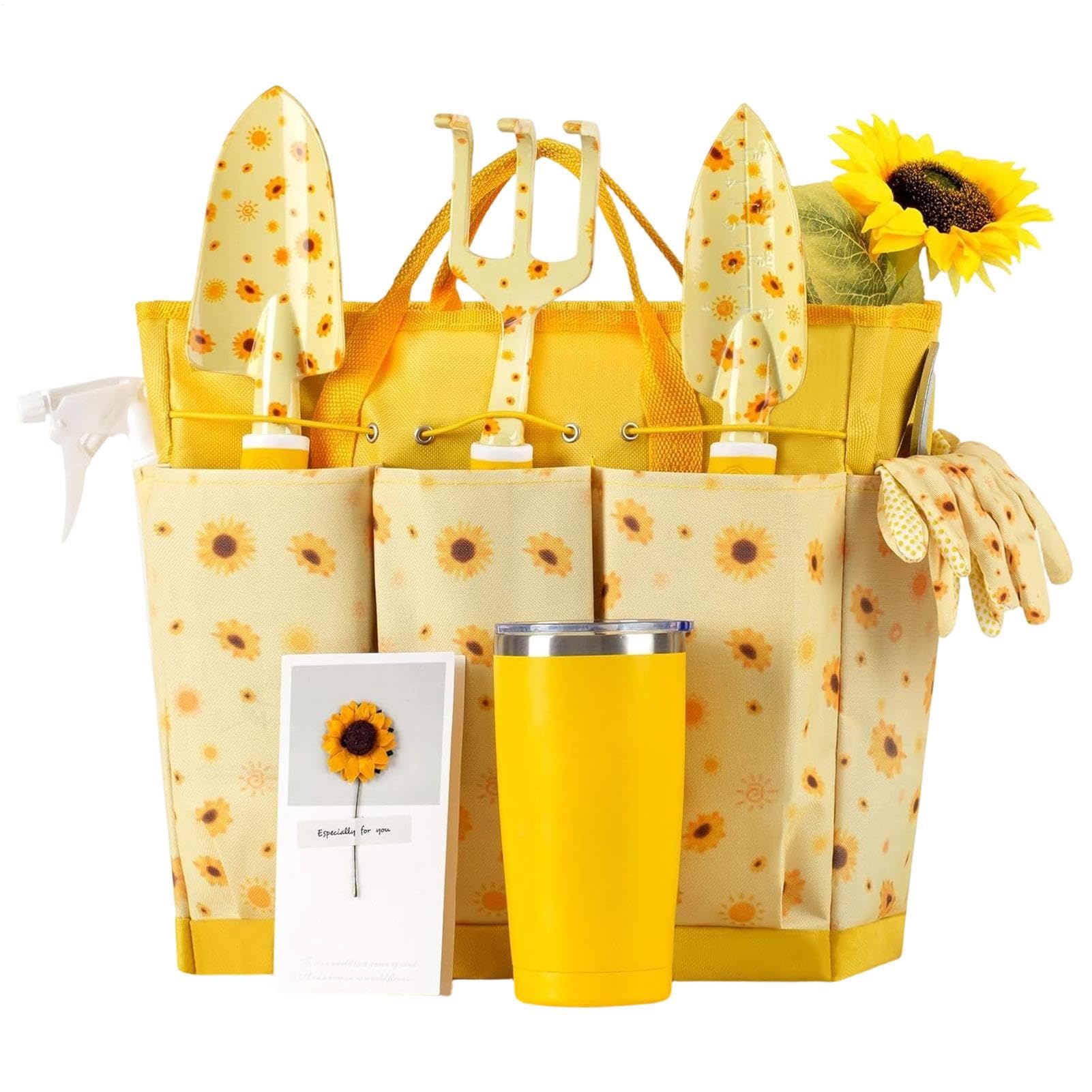 Attrezzi da Giardinaggio Manuali Robusti ed Ergonomici con Motivo Girasole | Kit con Rastrello Pala e Cesoie da Potatura Per Piantumare Diserbare Giardinieri Principianti Anziani e per Esterni