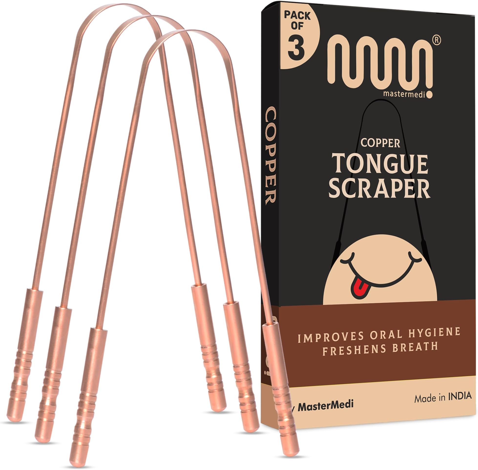 MasterMedi Pure Copper Tongue Scraper for Adults, Tongue Scrubber for Bad Breath, Easy to Use, Tongue Cleaner for Oral Care & Hygiene (Copper Pack of 3)