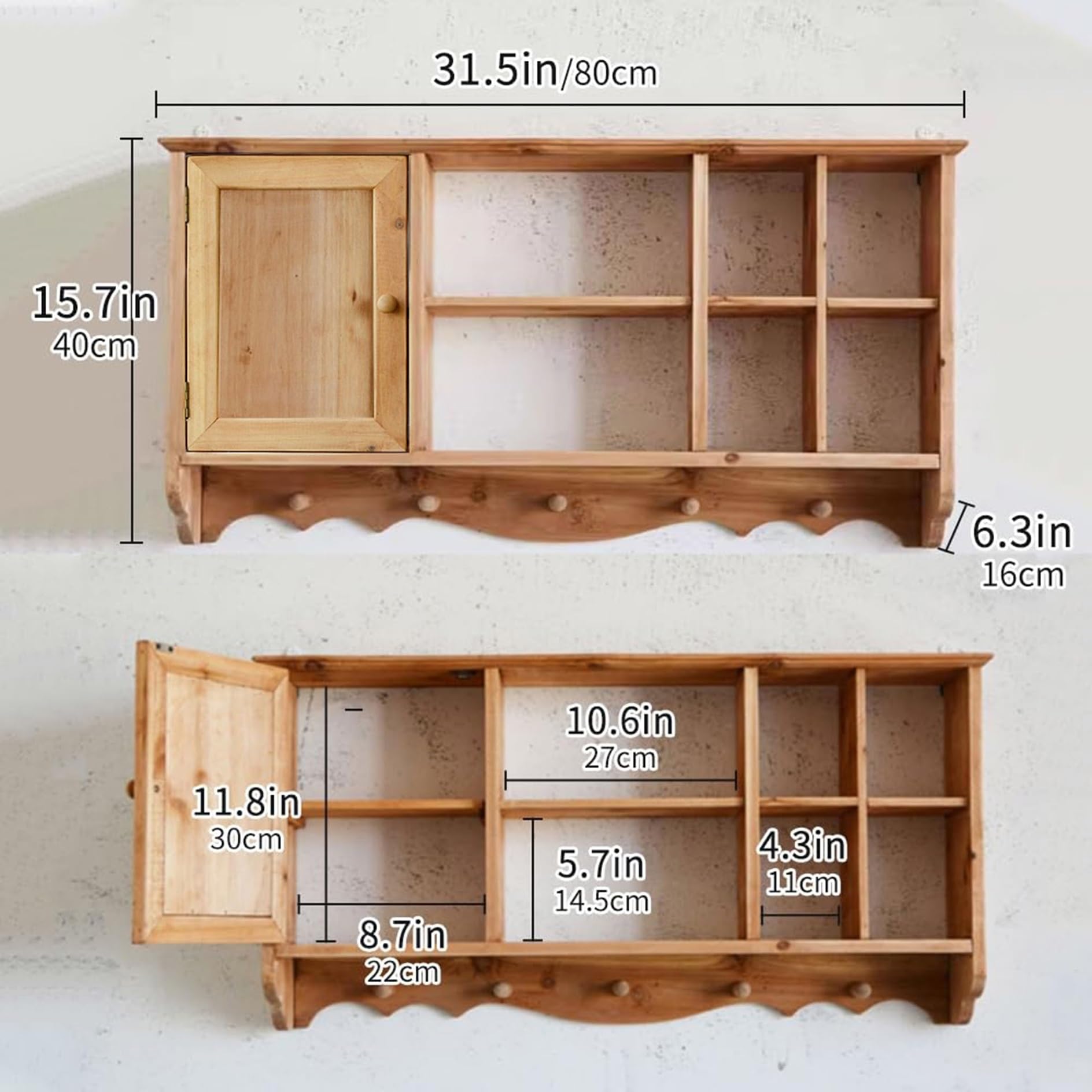 Wandregal aus Holz mit mehreren Schlitzen, platzsparender Hängeschrank mit Türen und 5 Hoo schwebendem Sto Rack für Wohnzimmer, Schlafzimmer, Küche, Dekor (Holz 1)
