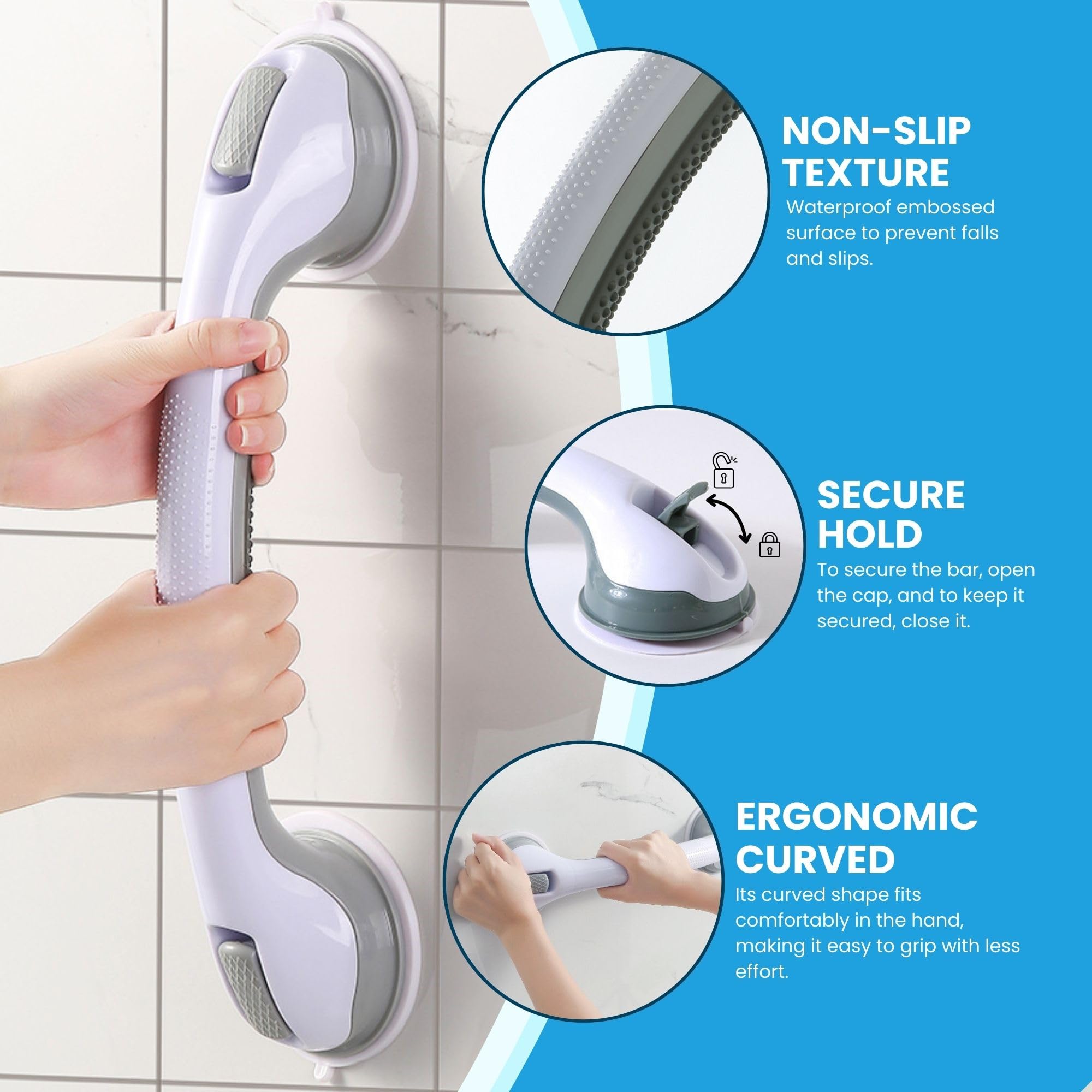 2X Barra de Agarre para Baño con Ventosa Antideslizante 42 cm | Asa de Seguridad para Bañera, Pasamanos de Ducha para Ancianos, Discapacitados, Niños, Peso Máximo 100Kg