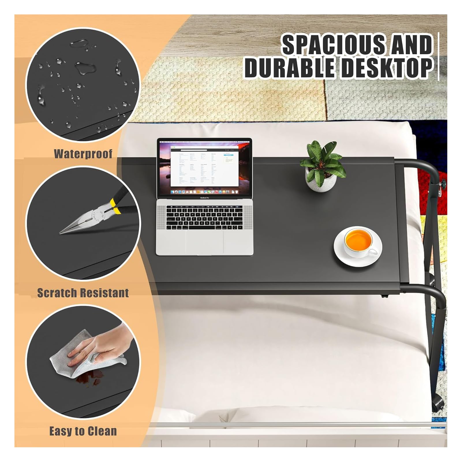 Betttisch mit Verstellbarer Höhe (65-95 cm),Laptop-Tisch für das Bett,medizinischer Beistelltisch mit Rollen,höhen- und längenverstellbarer Betttisch mit Rollen,Wood Color