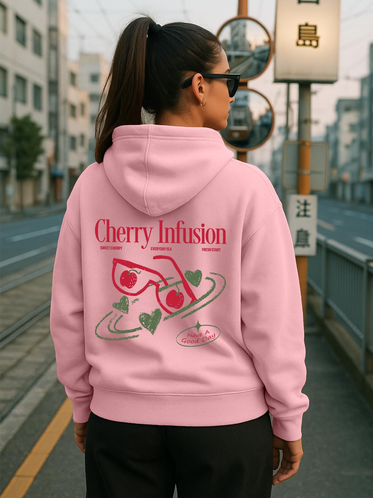 JUNEBERRY Policowo-bawełniana bluza z kapturem z długim rękawem, oversize, bluza z kapturem z długim rękawem, graficzny nadruk z kapturem dla kobiet (kolory: Marshmellow, różowy, czarno-czerwony)