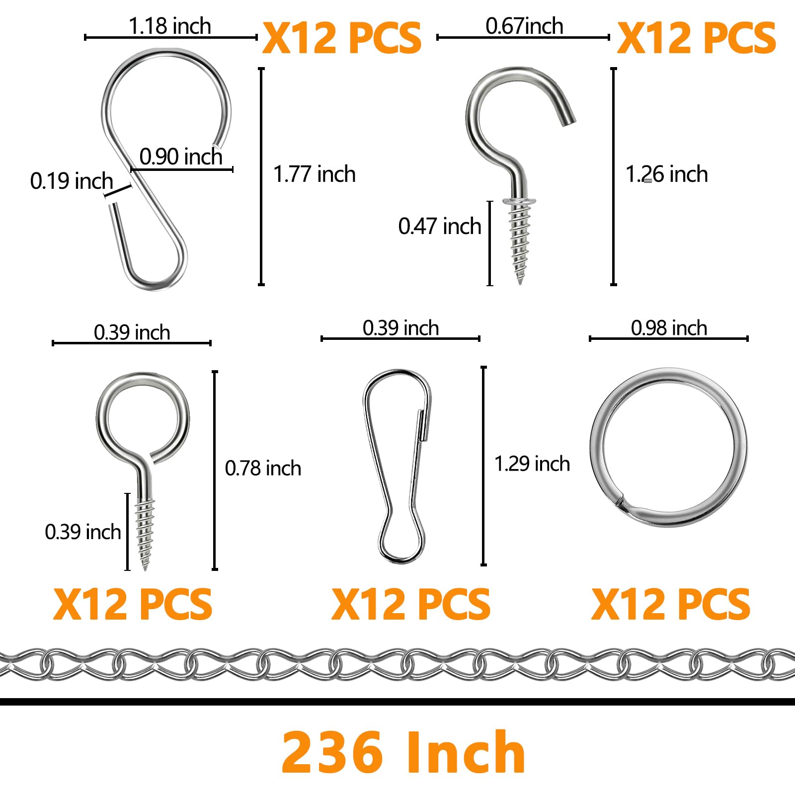 Chaîne de suspension de 690 cm, chaînes en métal argenté pour plantes suspendues, 12 crochets en S, 12 boucles, 12 anneaux, 24 crochets à vis pour mangeoire à oiseaux, jardinière, lanterne et