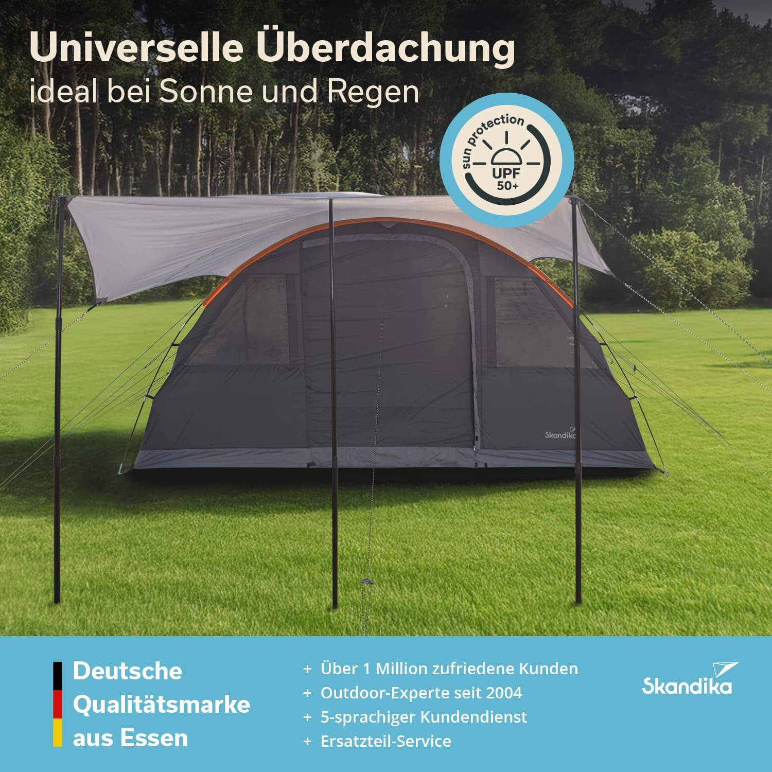 Skandika Sonnensegel Spirit 390 x 400 cm | Wetterschutz mit Teleskopstangen, wasserdicht 3000 mm Wassersäule, UPF 50+ | Sonnenschutz, Vordach für Zelt, Camping, Outdoor, Wandern, Garten (390 x 400 cm)