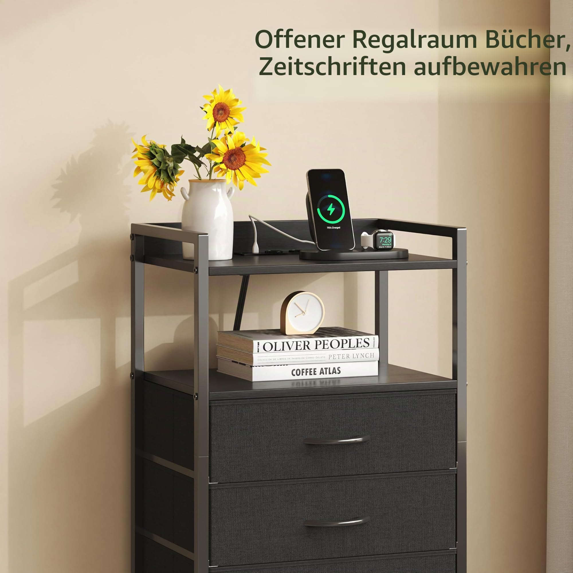 CAIYUN Nachttisch mit Ladestation, hohe Schwarze Kommode für das Schlafzimmer, Nachttisch mit LED-Beleuchtung, Beistelltisch für das Wohnzimmer, Stoff-Aufbewahrungsschublade, Metallgestell, Holzmöbel