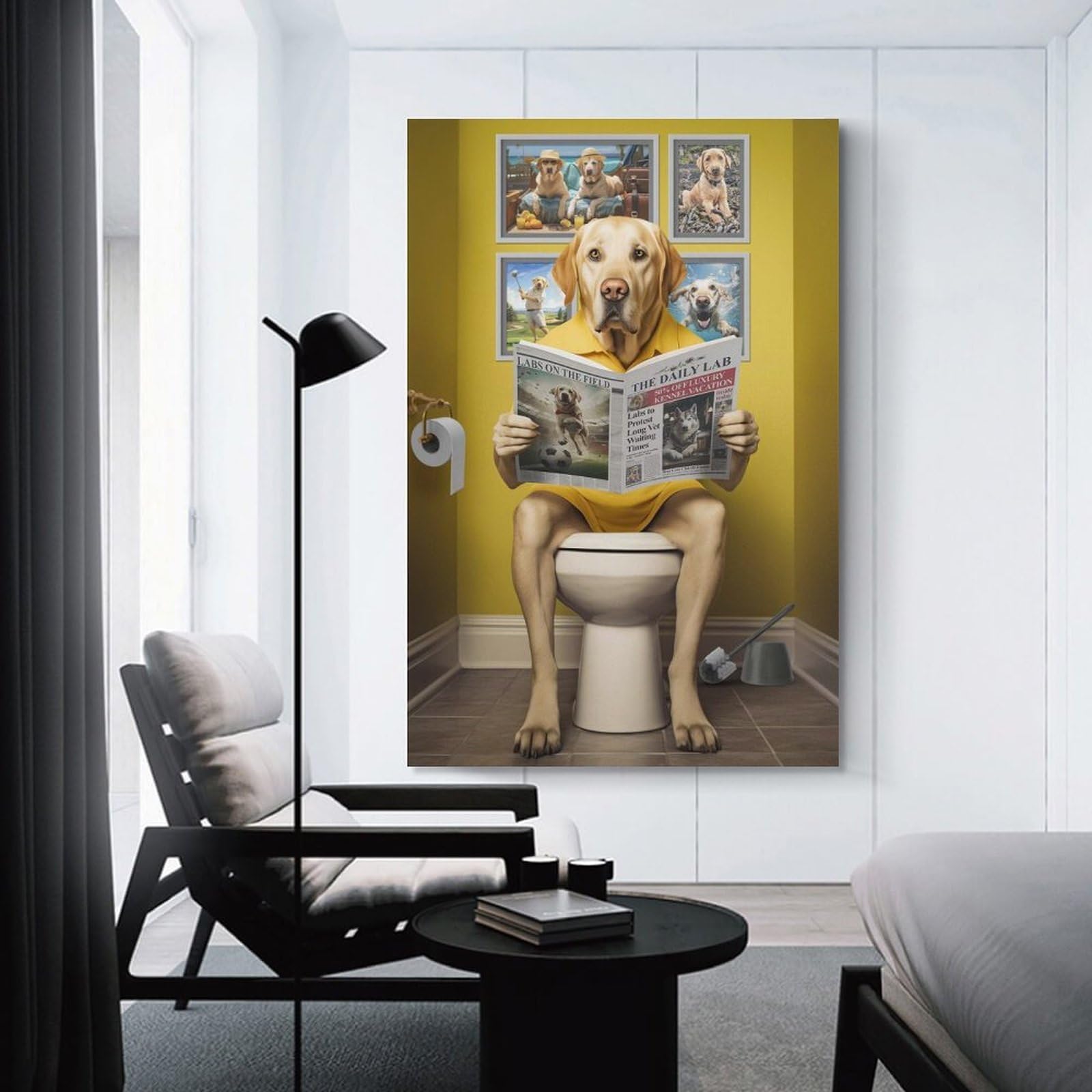Junmoney Yellow Labrador Toilet Wall Decor Canvas Print, 24x36inch(60x90cm), for Wall Displays, Bedrooms Or Room Updates, Wall Decor Suited to Curated Displays