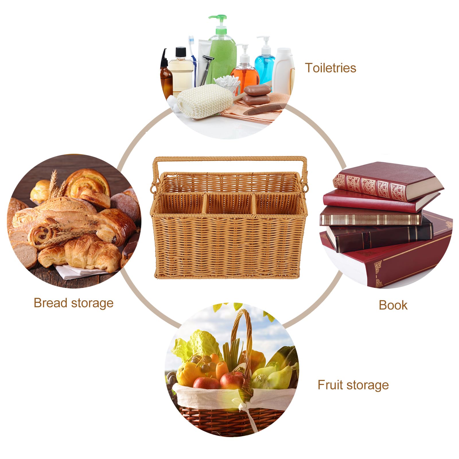TOPBATHY Cesta Organizadora De Cubiertos De Imitación De Mimbre Con Asa 11.6X6.9X6.1 Pulgadas Para Cocina Y Picnic Estilo Rústico Con Compartimentos Separados