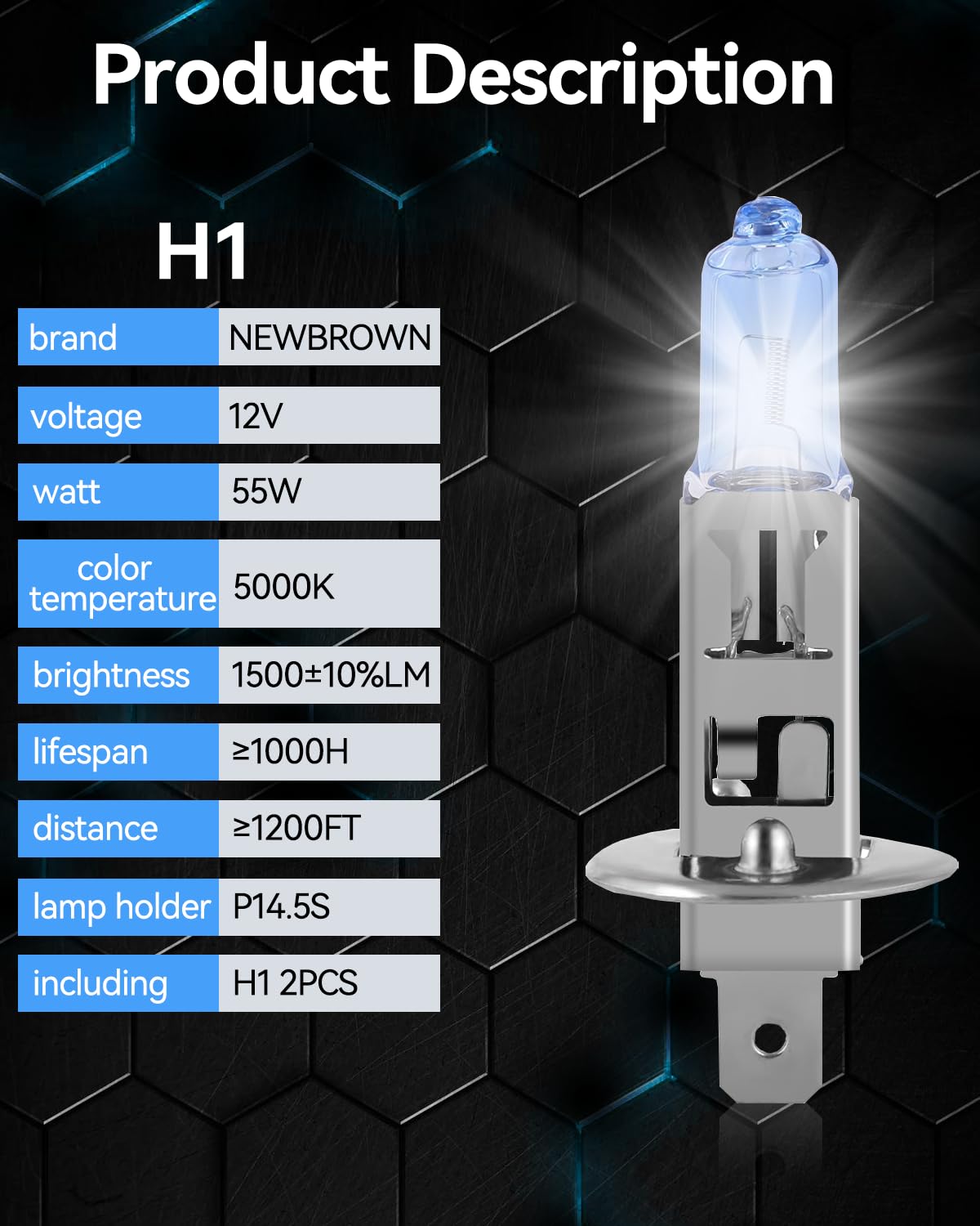 NEWBROWN H1 Headlight Bulb H1 Halogen Headlight Bulb 5000K Super White Light Long Life Replacement P14.5S 12V55W H1 2 Pack product thumbnail 8