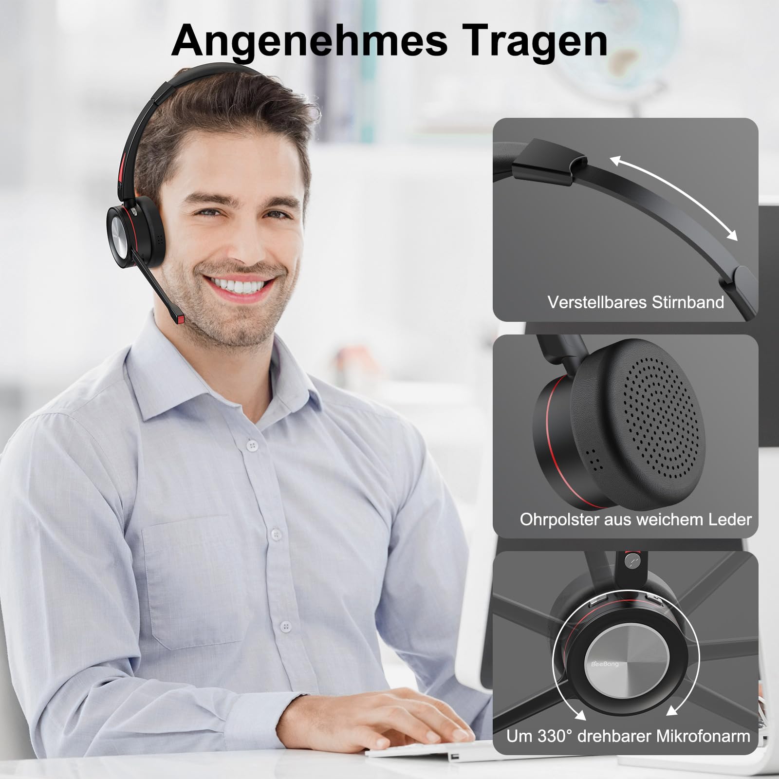 Bluetooth Headset mit Mikrofon für PC, Mono Wireless Headset mit USB Adapter & Ladestation, 40 Stunden Sprechzeit, Mono kabelloses für Arbeit Laptop Handy Microsoft Teams Telefon