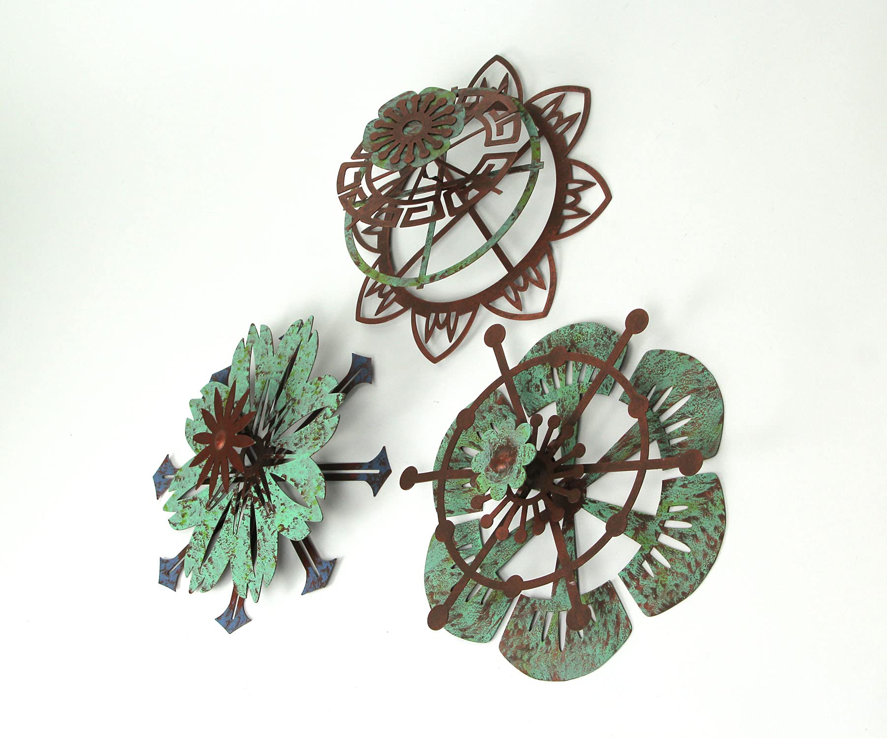 Things2Die4 - Set di 3 decorazioni da parete in metallo con fiori verdigris in rame