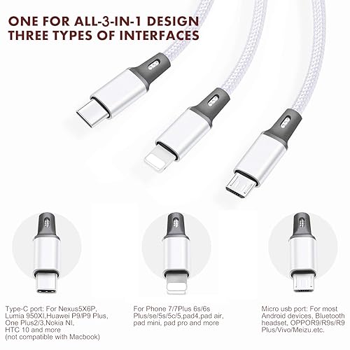 Miniatura 8 de Cable de carga múltiple paquete de 2 cables de carga múltiples de 4 pies cable de carga universal 3 en 1 cable USB múltiple extra largo con USB C